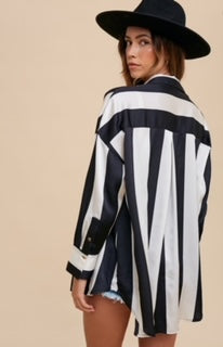 AW Wide Stripe Satin Effect OVSZ Blouse Blk/Ivy