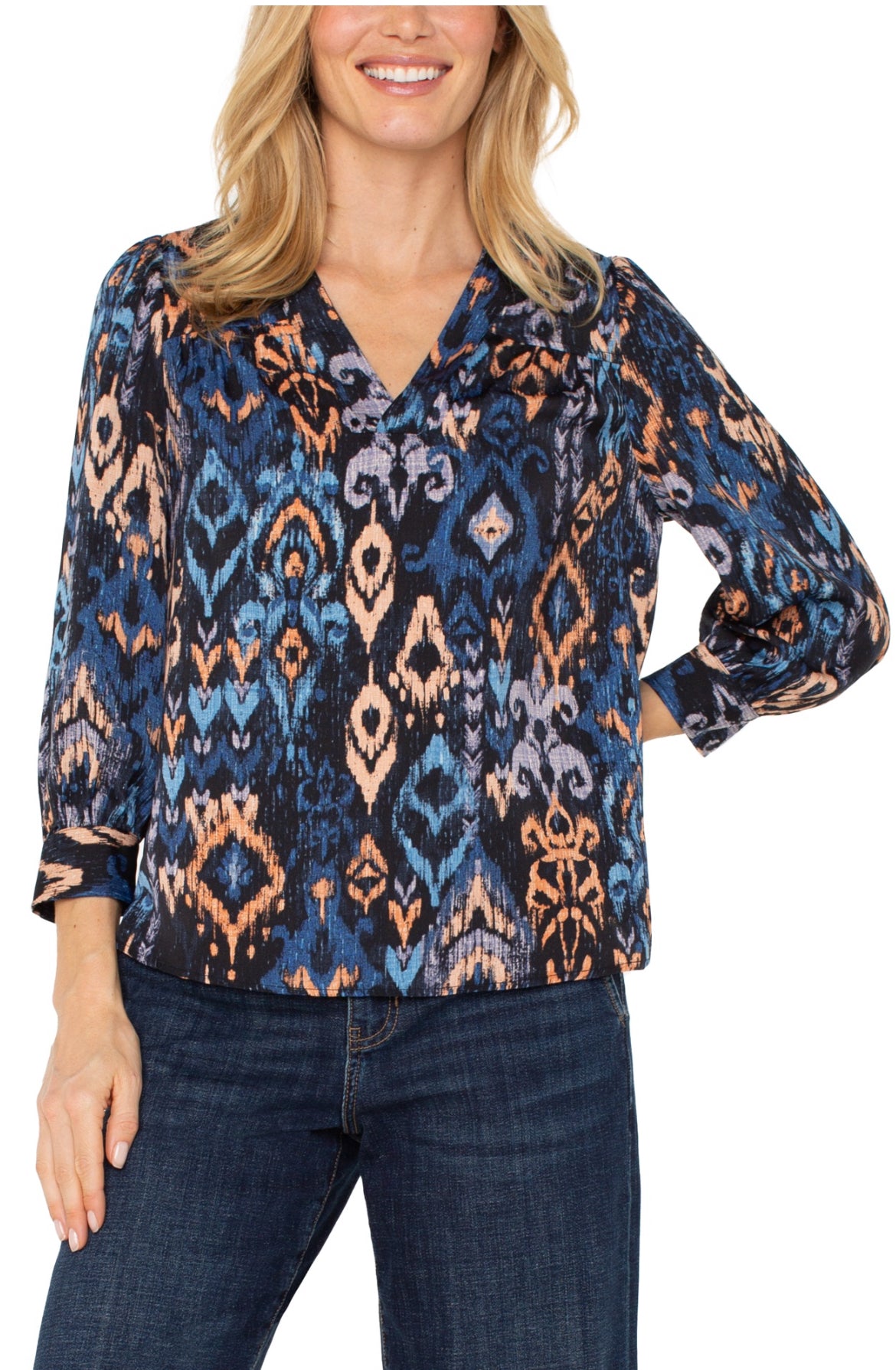 Liverpool 3/4 Sleeve Print Top Blue/Peach/Black
