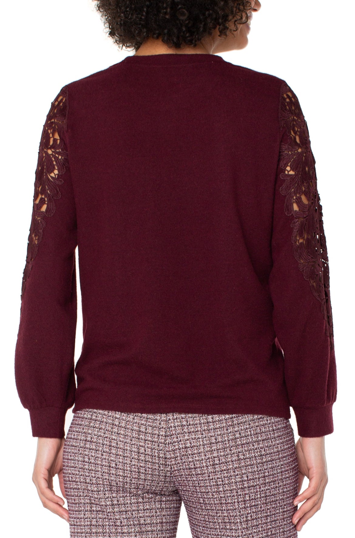Liverpool L/S Crew Neck Lace Inset Sleeve Sweater Burgandy