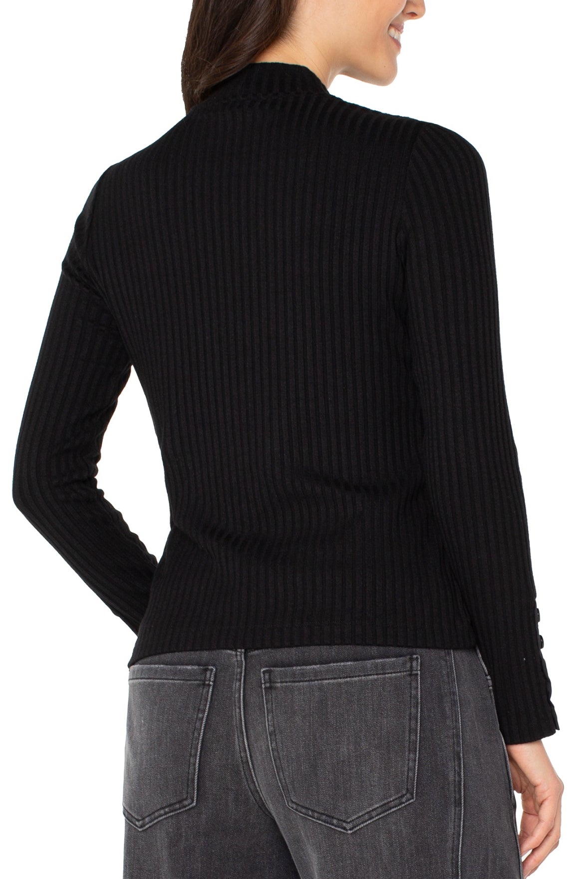 Liverpool L/S Mock Neck Sweater w/Button Sleeve Black