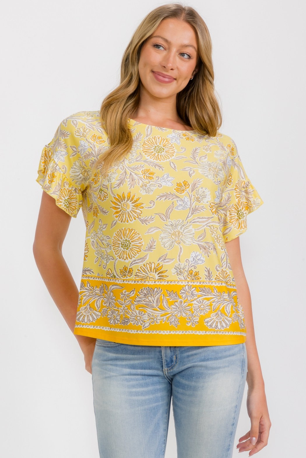 PER Yellow Floral Ruffle S/S Top