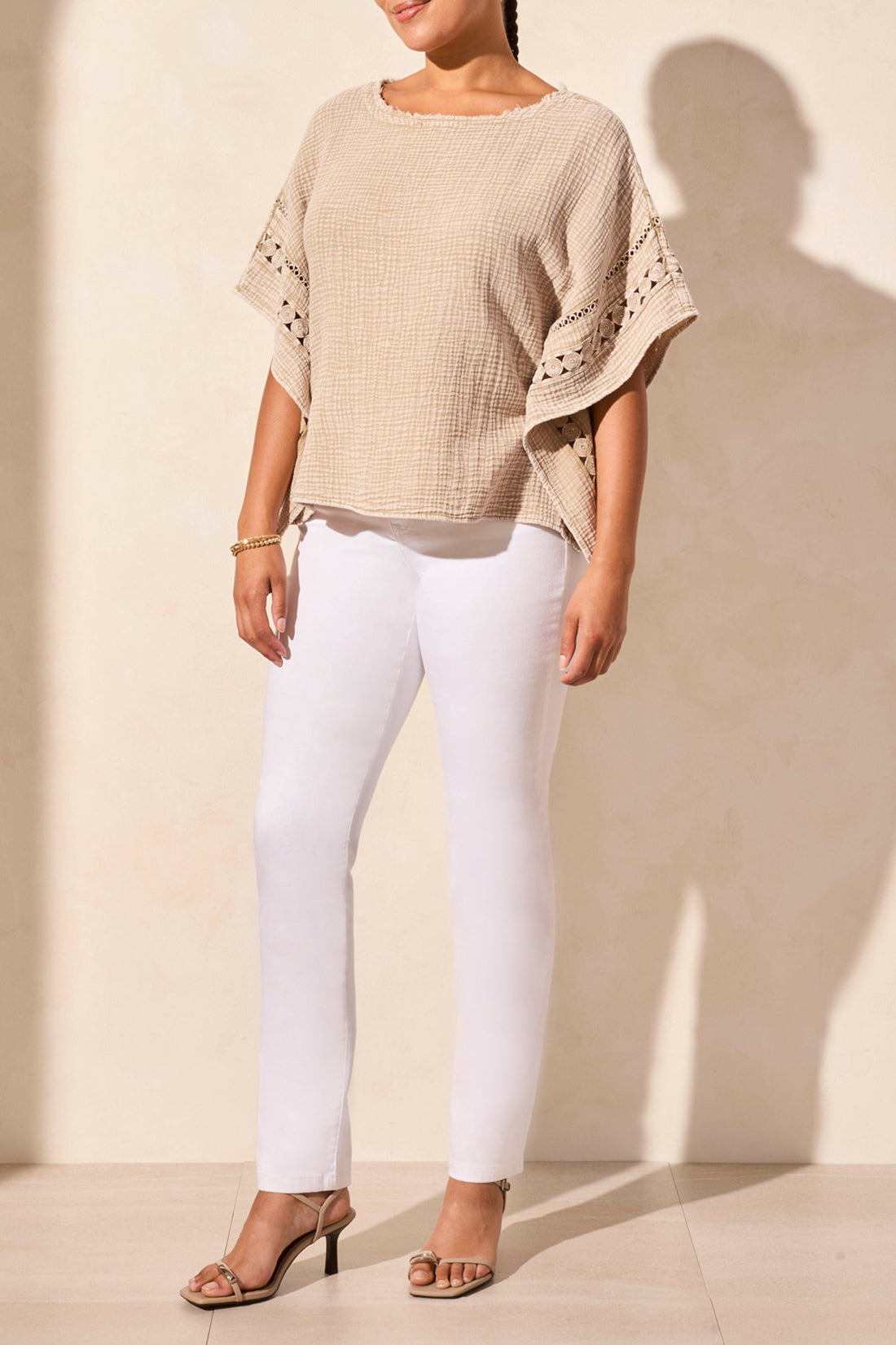 Tribal Kaftan Blouse w/ Eyelet Fancy Detail Trim Beige