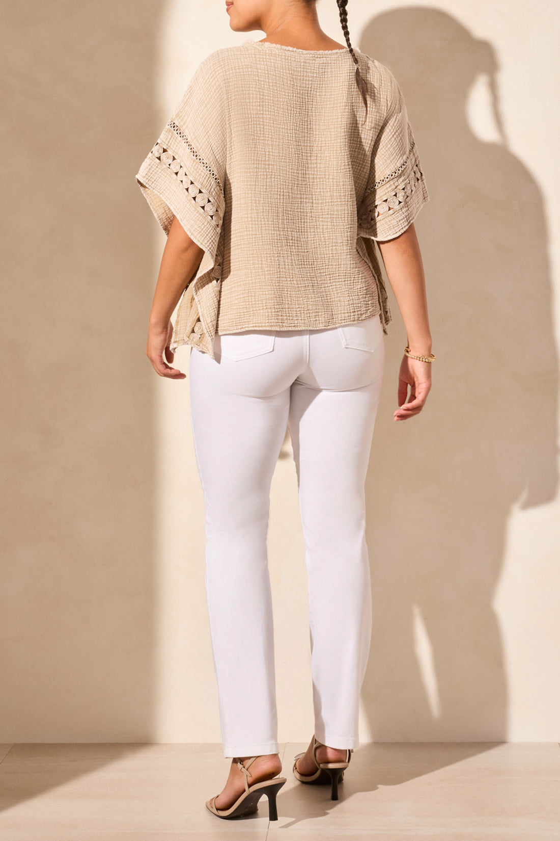 Tribal Kaftan Blouse w/ Eyelet Fancy Detail Trim Beige