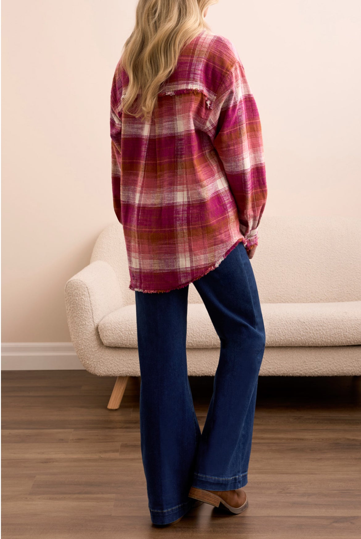 Tribal L/S Plaid Shirt Fringe Hem Plumwine
