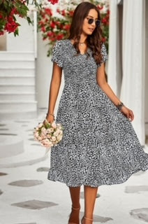 NINEXIS 3/4 Sleeve Tier Print Dress Blk/Wh