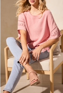 Tribal Kaftan Blouse w/ Eyelet Fancy Detail Trim Pink