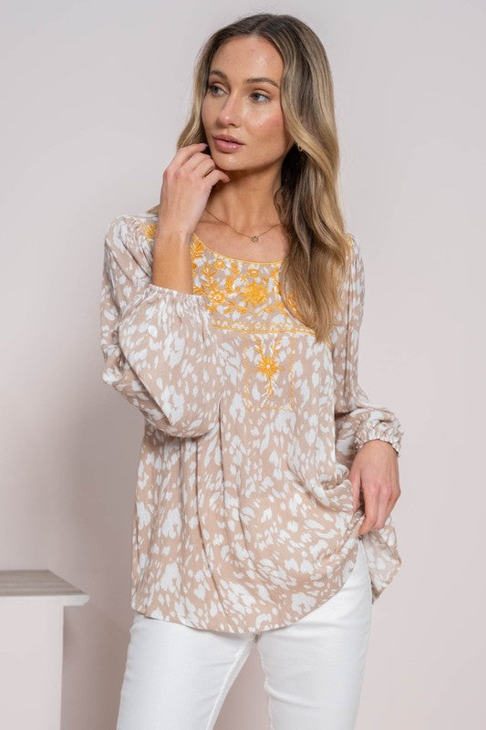 Hailey L/S Embroidered Balloon Sleeve Blouse