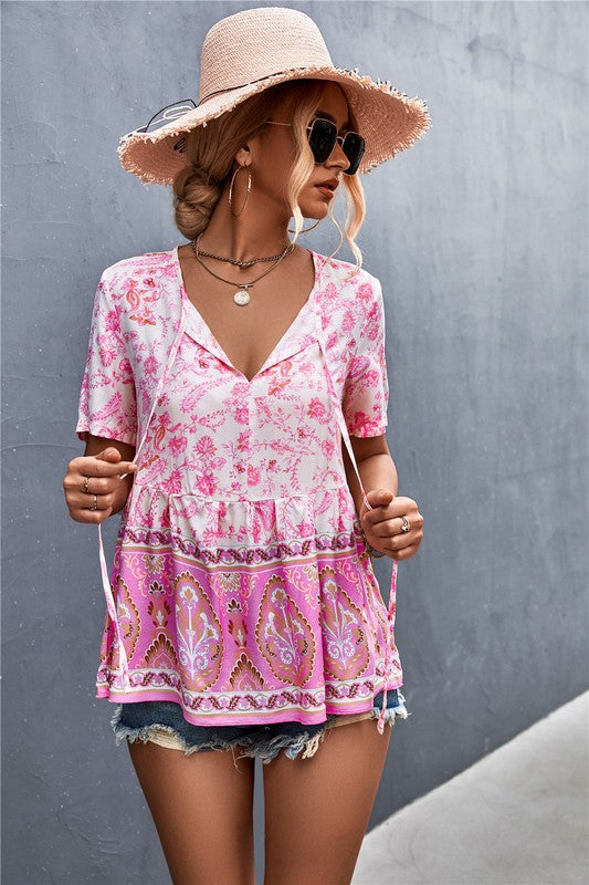 Tracies Bo Ho S/S Floral Top SMALL PINK