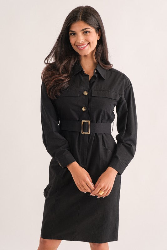 TC L/S Utility Button Down Belted Dress Black