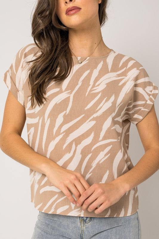 Gilli Roll up S/S Abstract Blouse Taupe