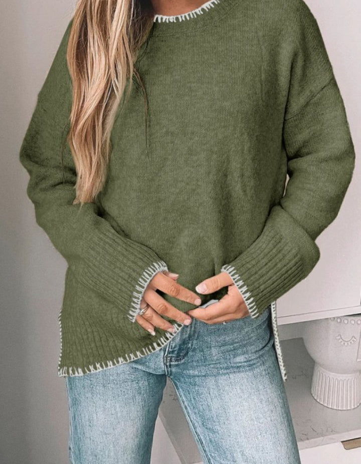 AF Crew Neck L/S  Oversized Sweater w/ Stitching Details Green