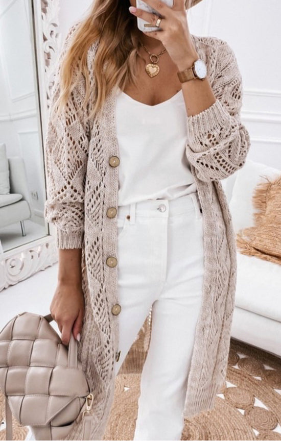 AF Long Cardigan Hollow Out Design Khaki