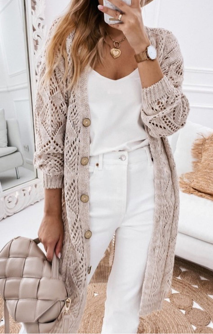 AF Long Cardigan Hollow Out Design Khaki