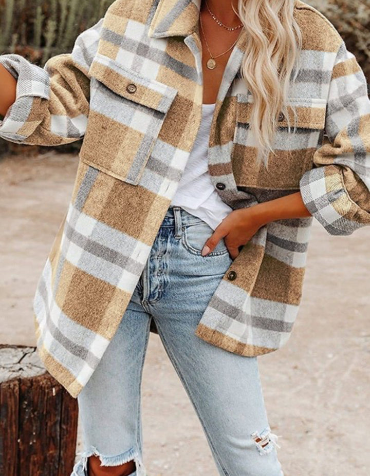 AF Plaid L/S Flannel Shacket Coat Khaki