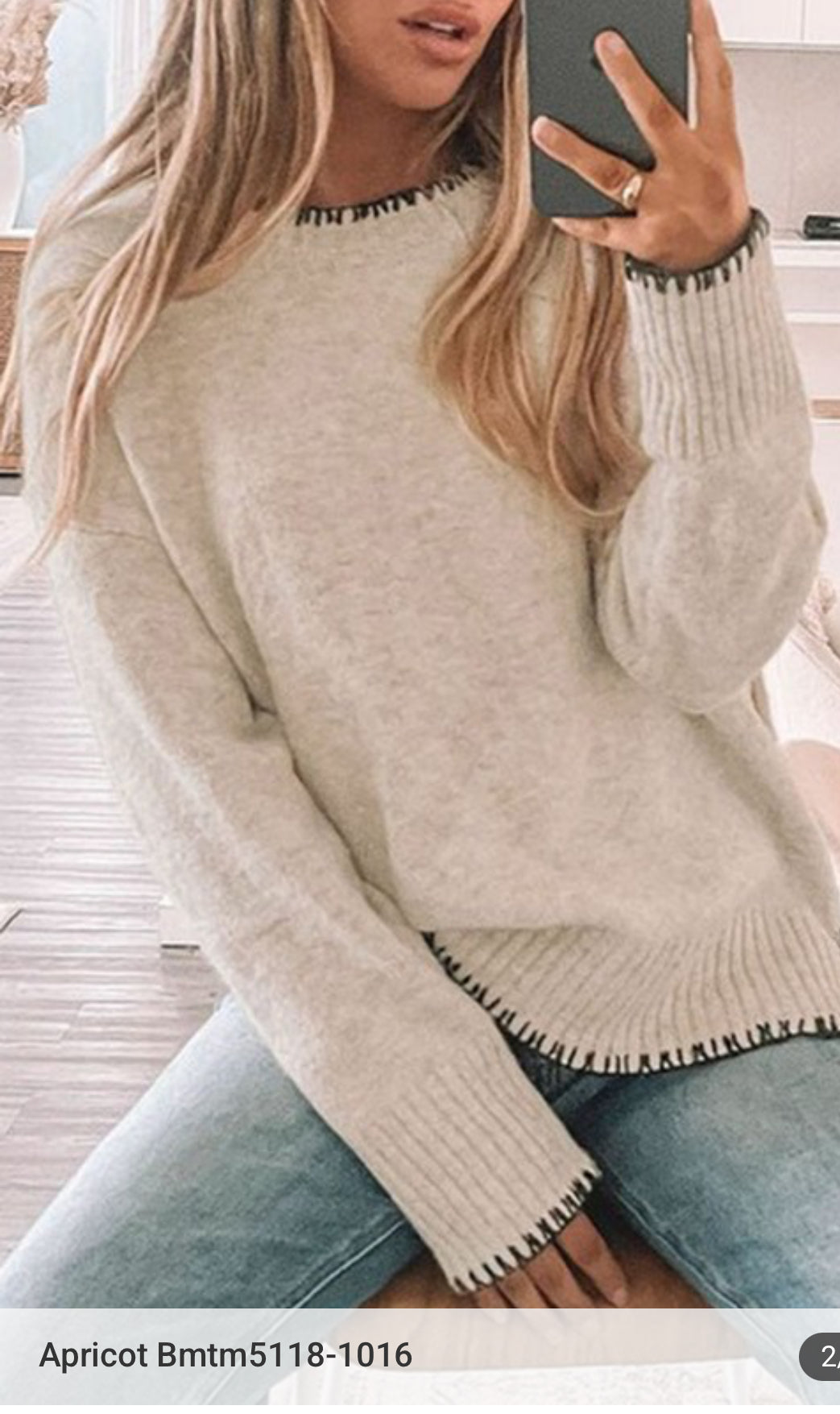 AF Crew Neck L/S  Oversized Sweater w/ Stitching Details Apricot