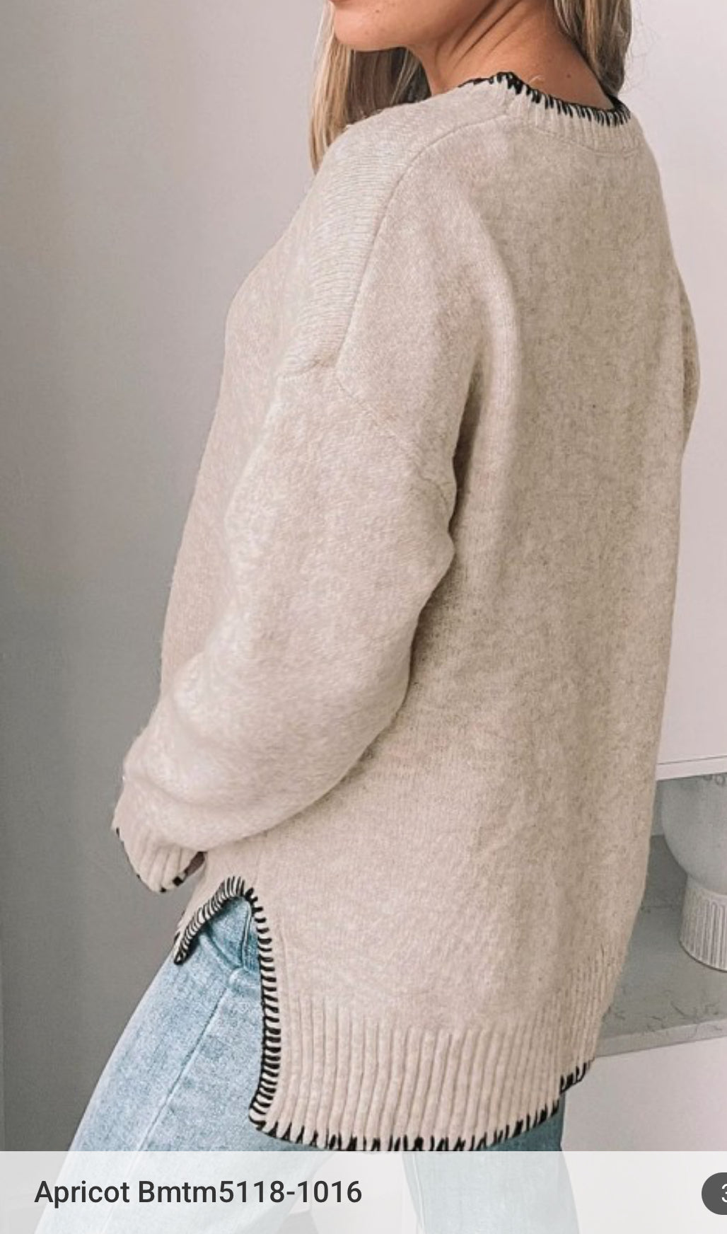 AF Crew Neck L/S  Oversized Sweater w/ Stitching Details Apricot