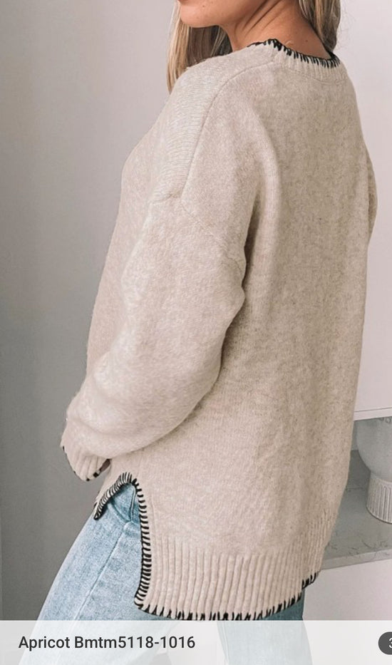 AF Crew Neck L/S  Oversized Sweater w/ Stitching Details Apricot