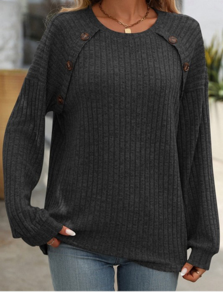 AF L/S Ribbed Button Accent Top Dark Grey