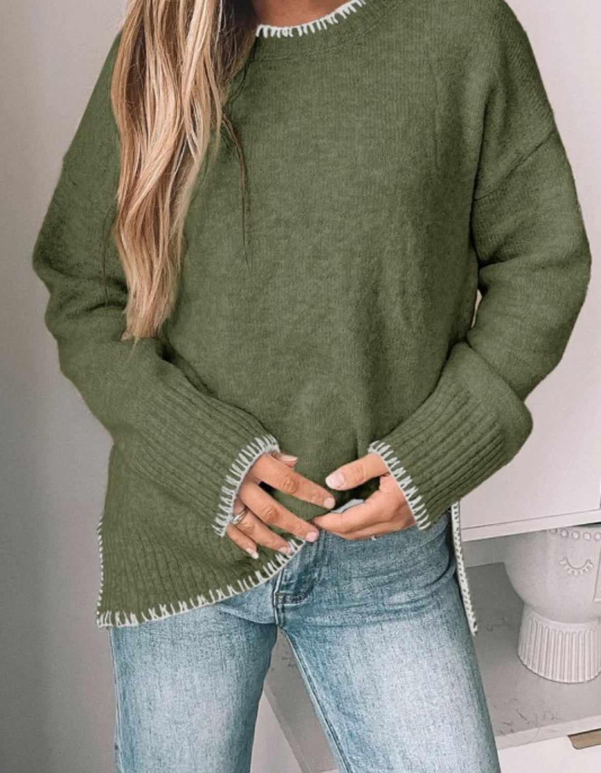 AF Crew Neck L/S  Oversized Sweater w/ Stitching Details Green