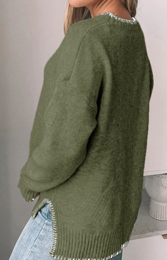AF Crew Neck L/S  Oversized Sweater w/ Stitching Details Green