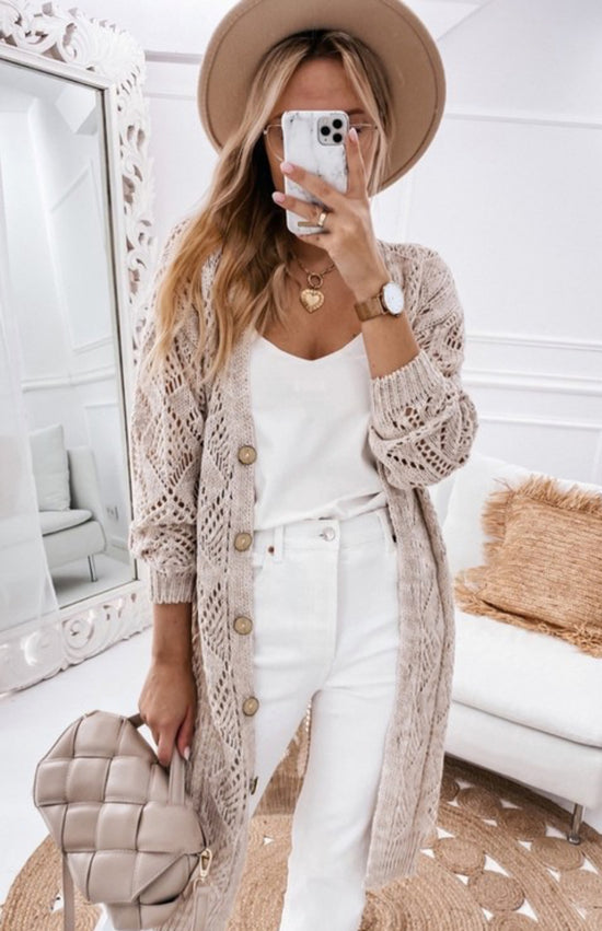 AF Long Cardigan Hollow Out Design Khaki