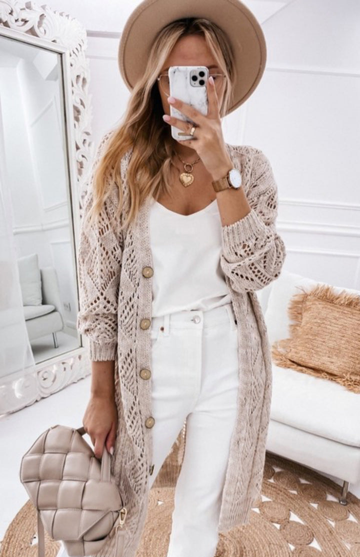 AF Long Cardigan Hollow Out Design Khaki