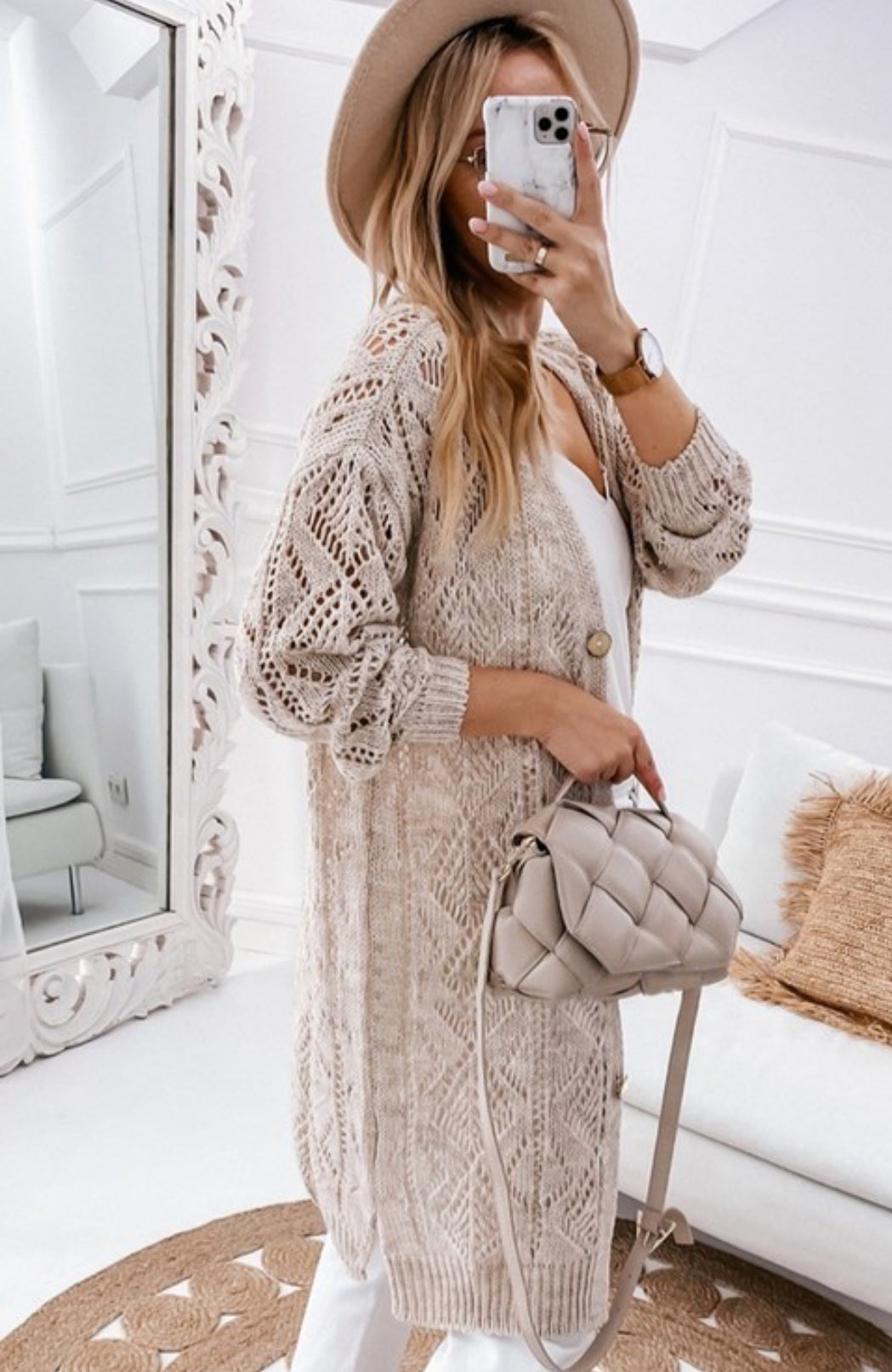 AF Long Cardigan Hollow Out Design Khaki