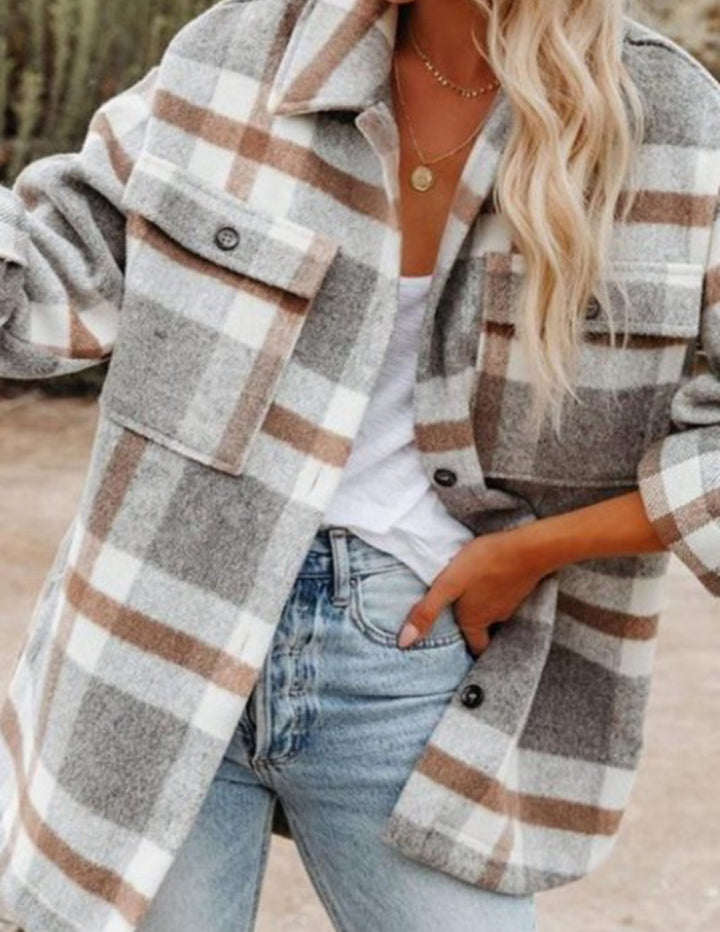 AF Plaid L/S Flannel Shacket Coat Grey