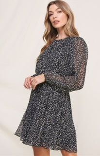 AR Printed Chiffon L/S Dress with Ruffle Bottom