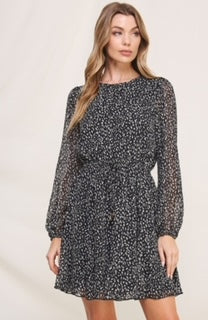 AR Printed Chiffon L/S Dress with Ruffle Bottom