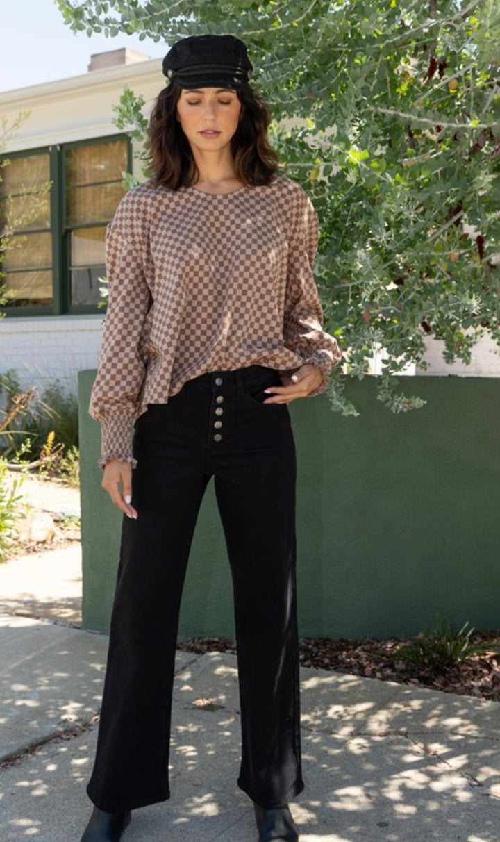 Anniewear Black High Rise Stretch 5 Button Wide Leg Crop Jeans Inseam 32"