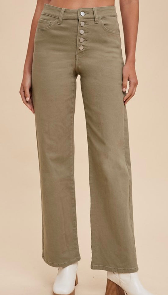 Anniewear Olive High Rise Stretch 5 Button Wide Leg Crop Jeans Inseam 32"