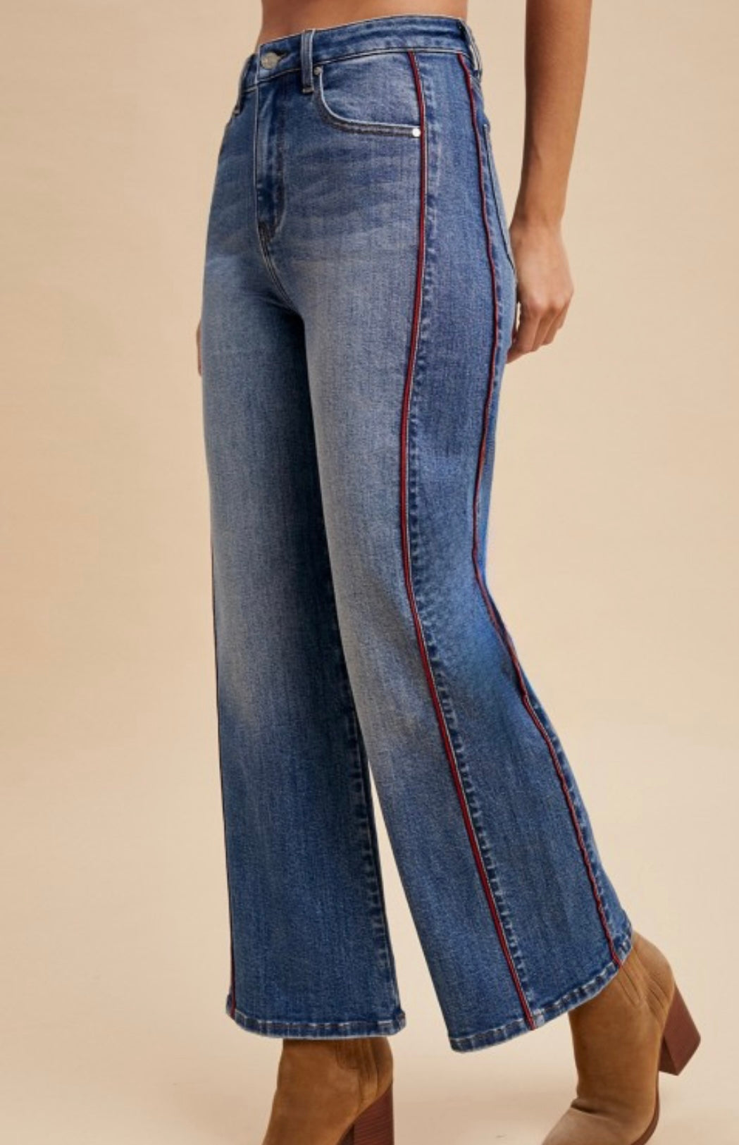 Anniewear Stretch Red Side Pipping Wide Leg Crop Jeans