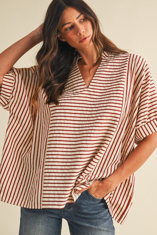 AW Striped Ruffle Neck Loose Fit Top Cream/Rust