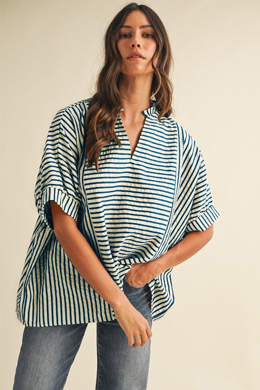 AW Striped Ruffle Neck Loose Top Cream/Teal