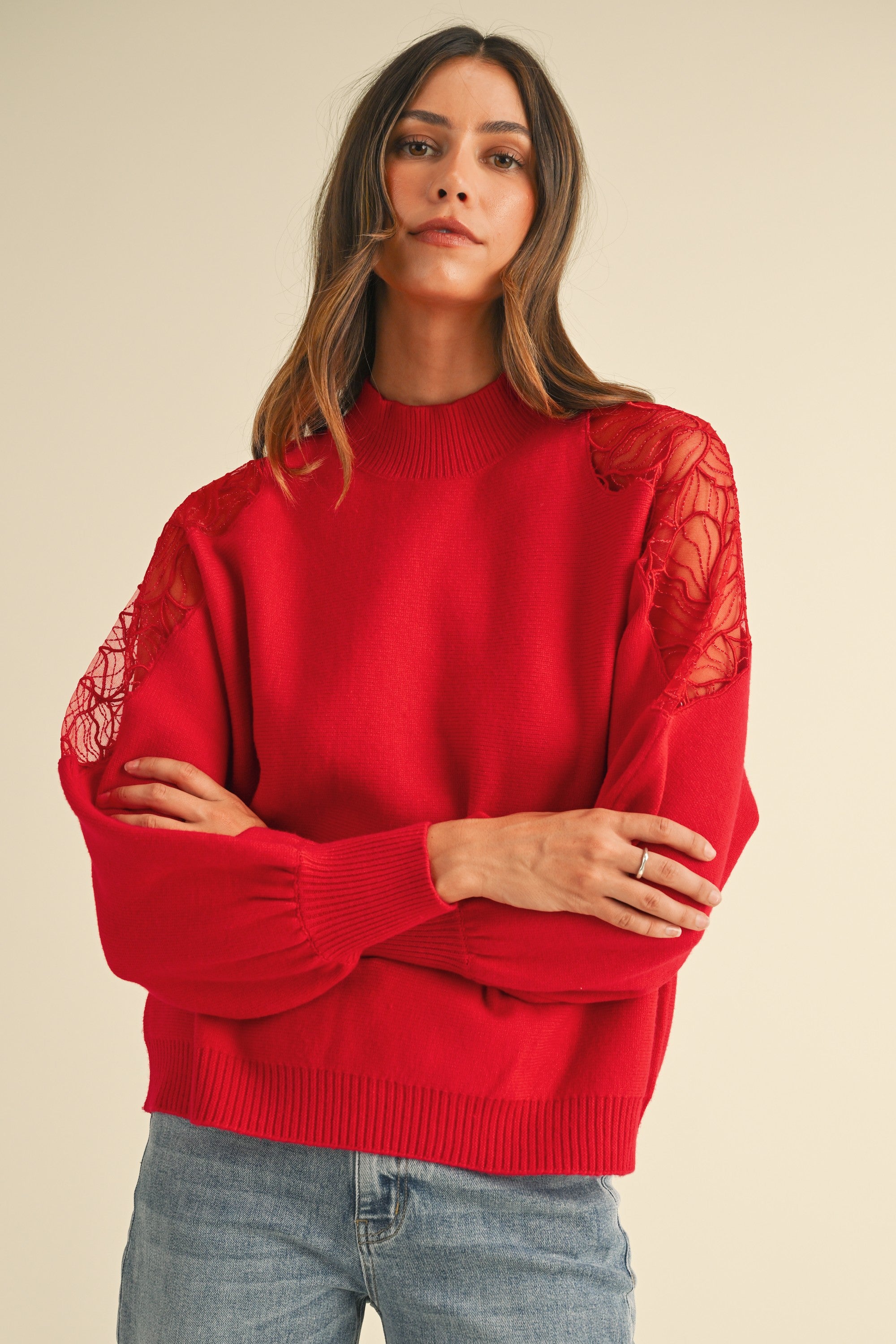 AW Embroidered Shoulder Mock Neck Sweater