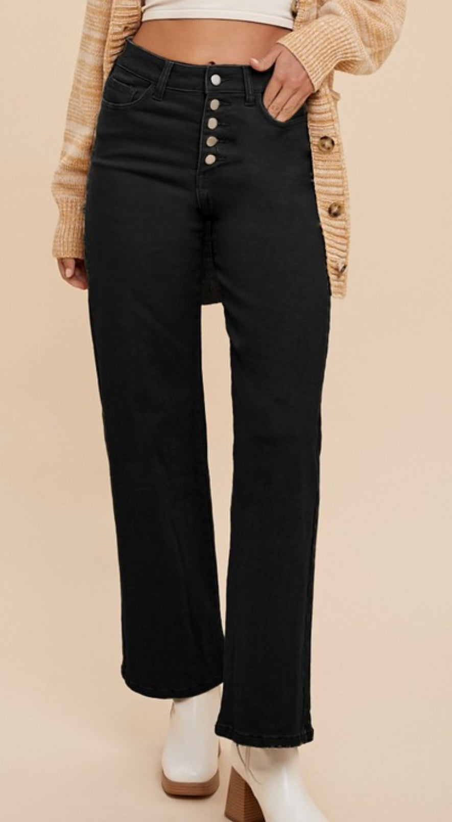 Anniewear Black High Rise Stretch 5 Button Wide Leg Crop Jeans Inseam 32"