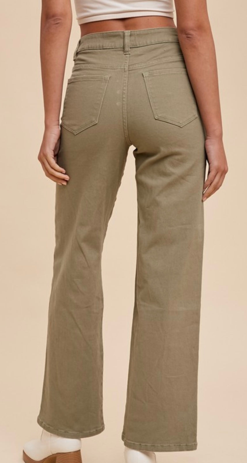 Anniewear Olive High Rise Stretch 5 Button Wide Leg Crop Jeans Inseam 32"