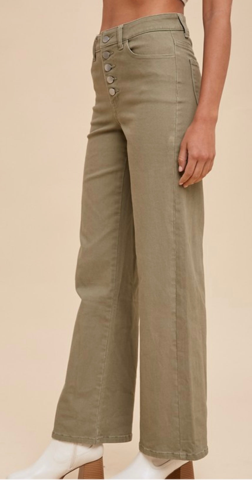 Anniewear Olive High Rise Stretch 5 Button Wide Leg Crop Jeans Inseam 32"