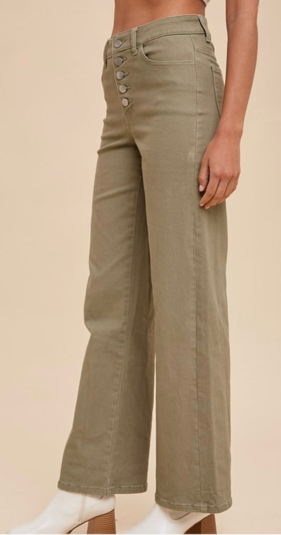 Anniewear Olive High Rise Stretch 5 Button Wide Leg Crop Jeans Inseam 32"