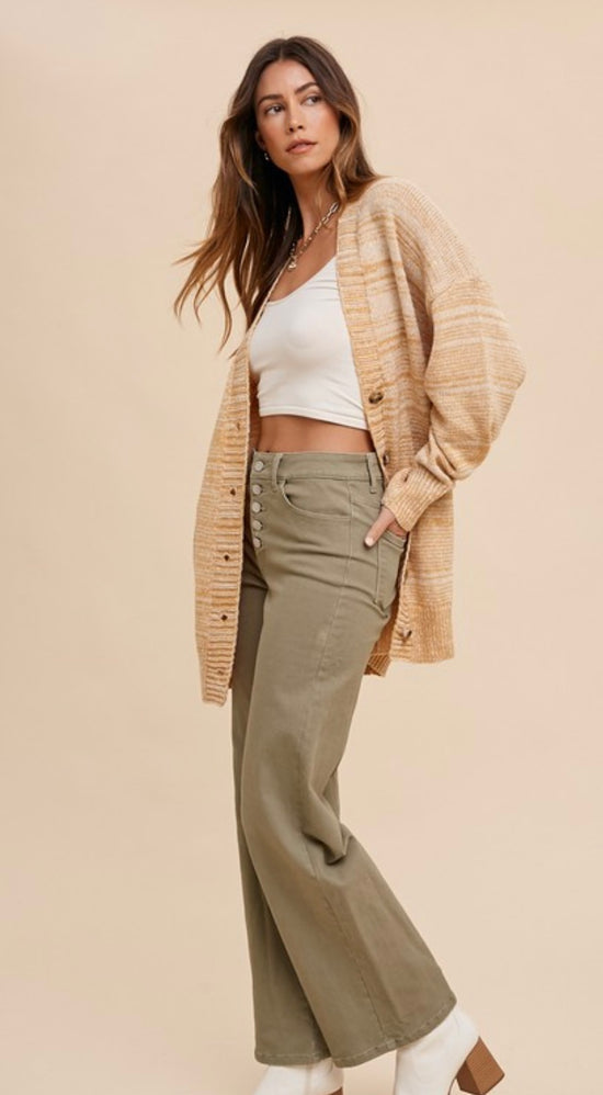 Anniewear Olive High Rise Stretch 5 Button Wide Leg Crop Jeans Inseam 32"