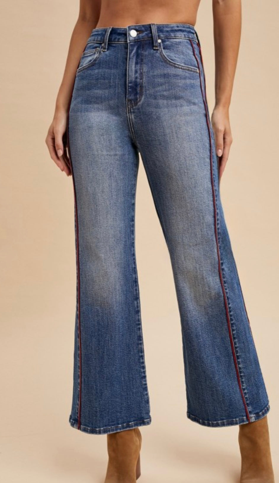 Anniewear Stretch Red Side Pipping Wide Leg Crop Jeans