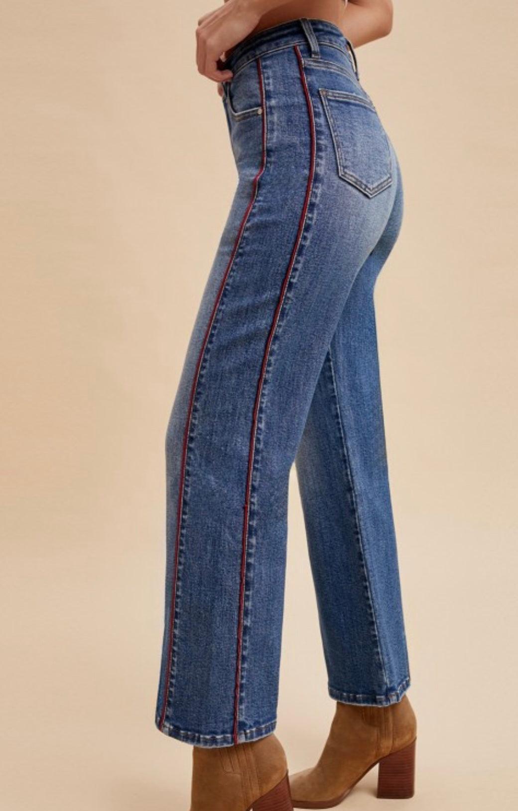 Anniewear Stretch Red Side Pipping Wide Leg Crop Jeans