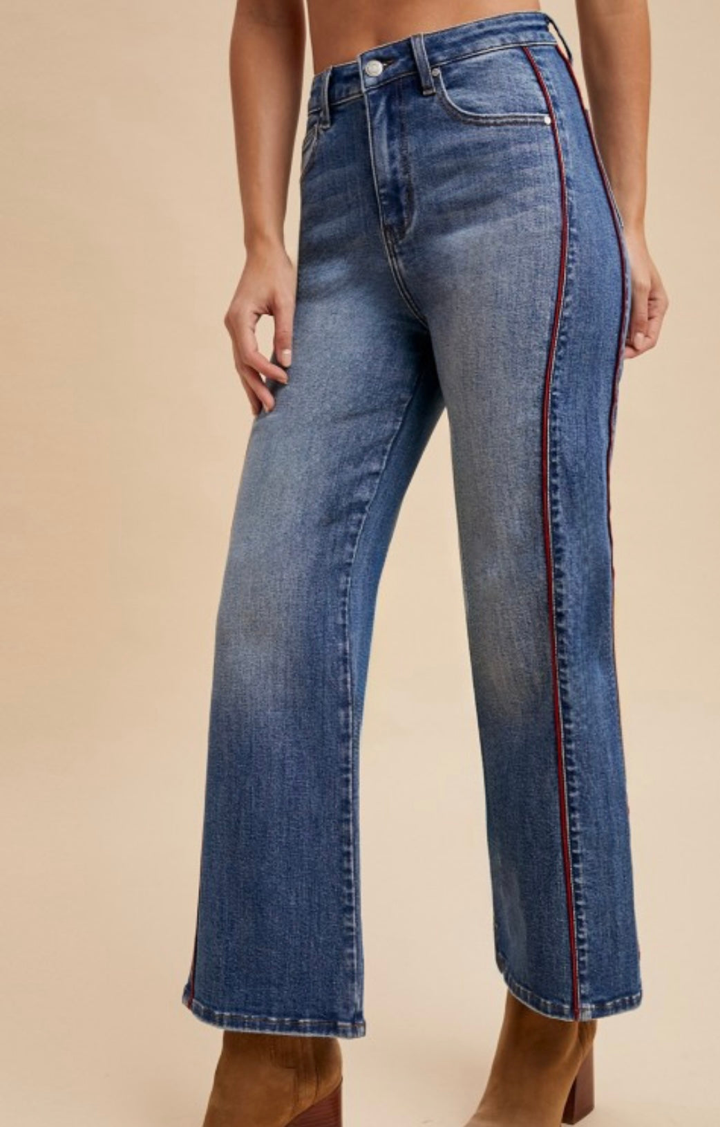 Anniewear Stretch Red Side Pipping Wide Leg Crop Jeans