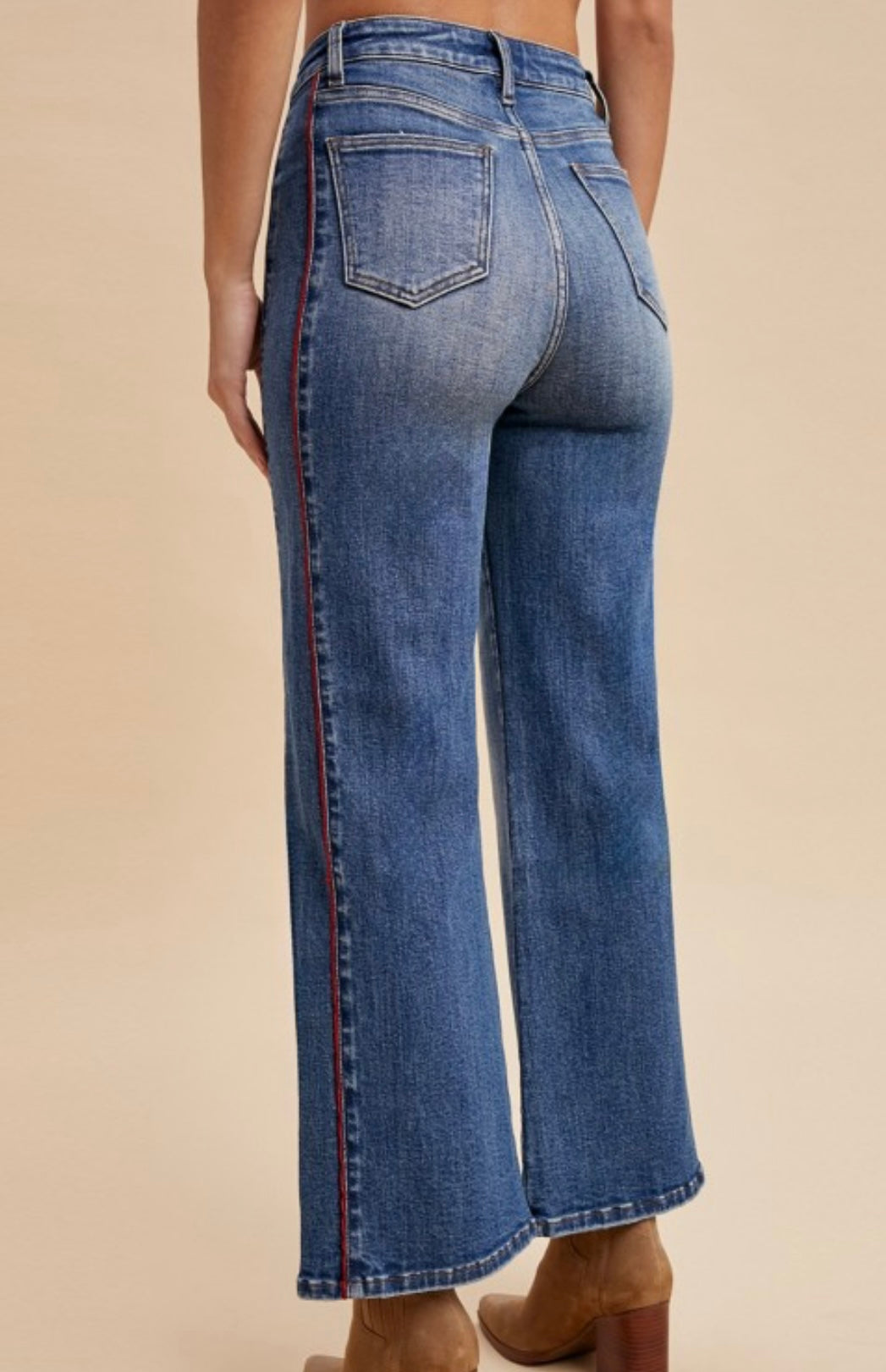 Anniewear Stretch Red Side Pipping Wide Leg Crop Jeans