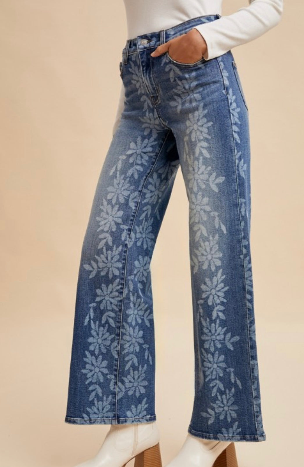 Anniewear Stretch High Rise Wide Leg Daisy Print Jeans