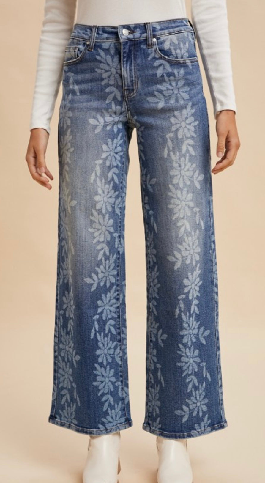 Anniewear Stretch High Rise Wide Leg Daisy Print Jeans