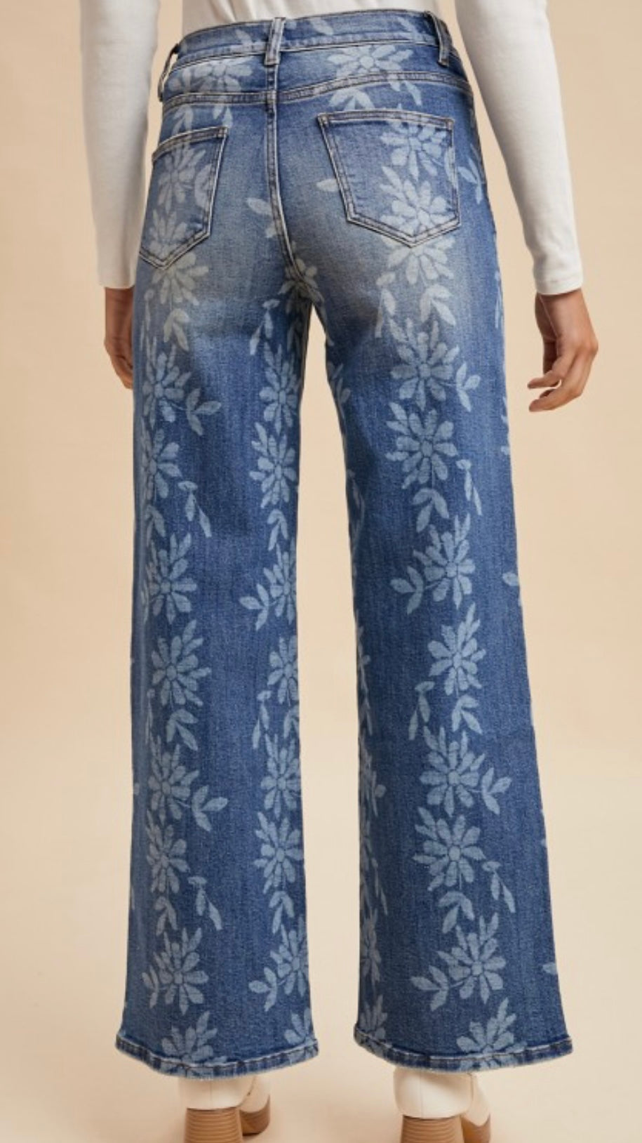 Anniewear Stretch High Rise Wide Leg Daisy Print Jeans
