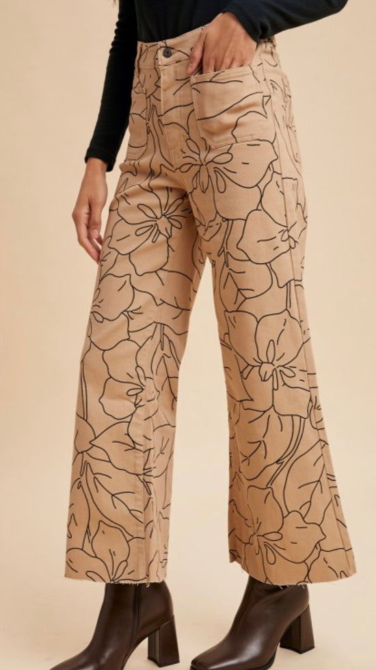 Anniewear Stretch High Rise Wide Leg Crop Latte Blk Flower Print Jeans