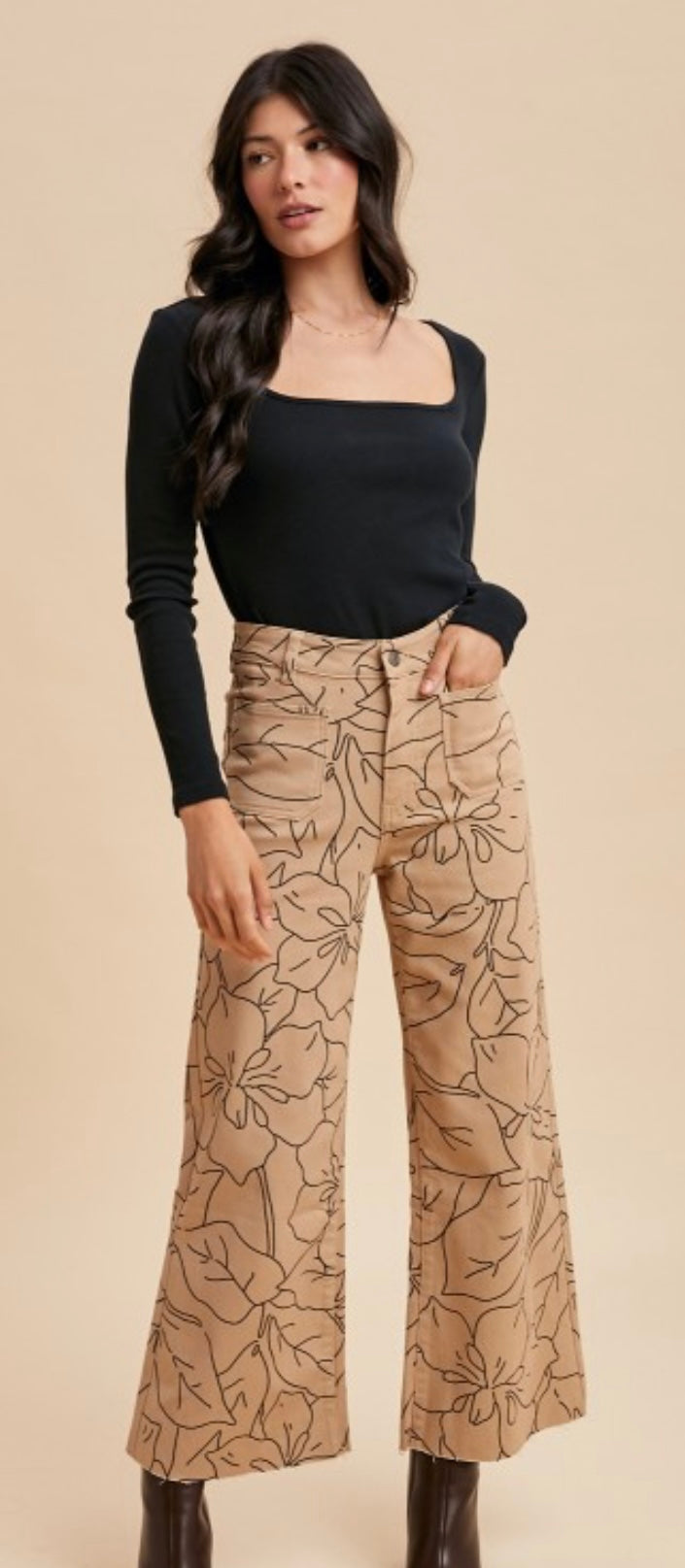 Anniewear Stretch High Rise Wide Leg Crop Latte Blk Flower Print Jeans